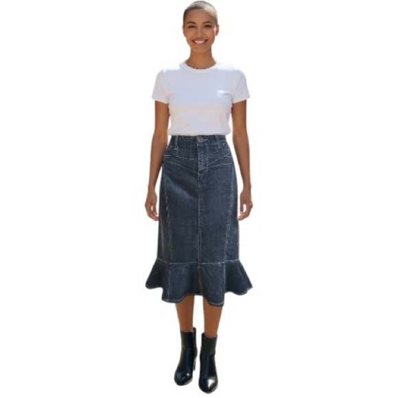 Vintage 1980 MOTTO black denim midi skirt trumpet flounce fit-n-flare women’s 12 - Picture 14 of 15